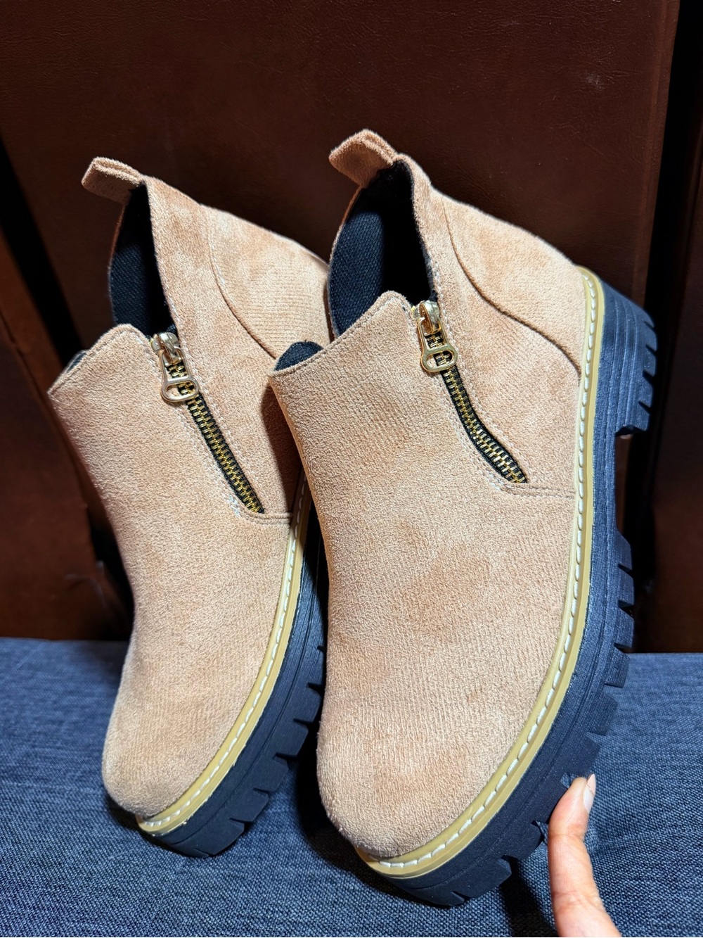 Suede Side-Zip Chunky Sole Booties in Tan (size 8- 8.5 ) - Picture 7 of 7